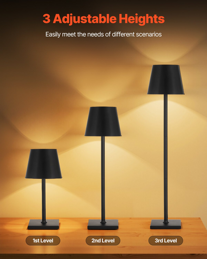Start2Finish VEVOR cordless table lamp 2-pack with rechargeable battery, adjustable heights, dimming, and detachable shade in black.