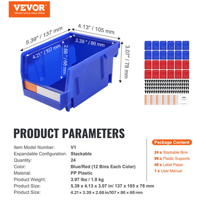 Stackable plastic storage bins in blue and red, Start2Finish 24-pack, hanging organizer containers for closet, kitchen, or pantry.