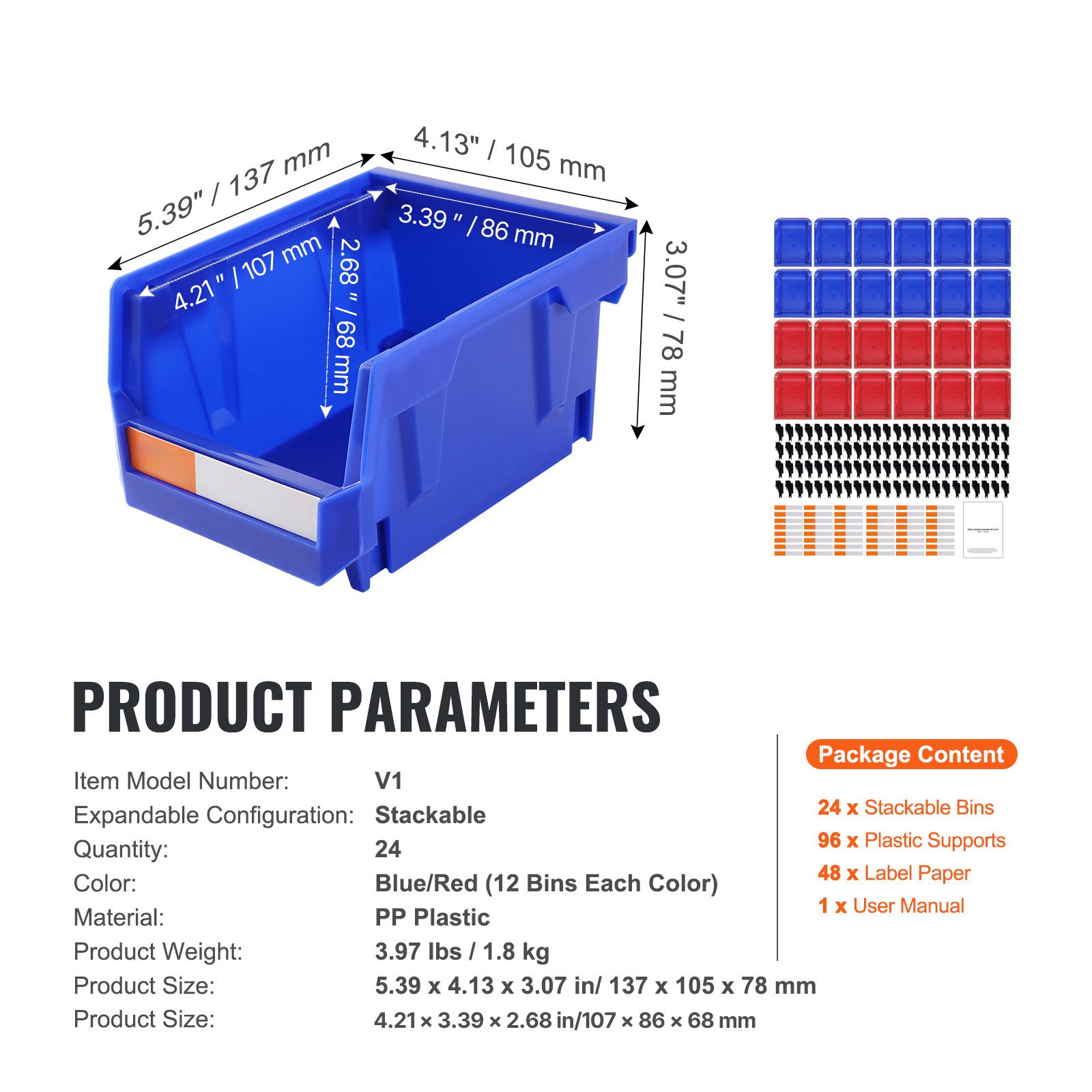 Stackable VEVOR plastic storage bins in blue and red, 5x4x3 inches, ideal for closet, kitchen, or pantry organization.