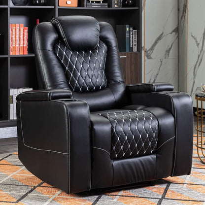 Black Peach Maple power recliner with USB ports and cup holders, showing plush upholstery and built-in features for comfort.