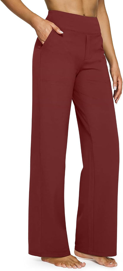 G4Free Yoga Pants for Women Wide Leg Pants with Pockets High Waisted | Moisture Wicking, Soft Comfortable Feel, 4-Way Stretch, Faux Fly, Faux Back Pockets, Yoga, Work &amp; Casual Wear