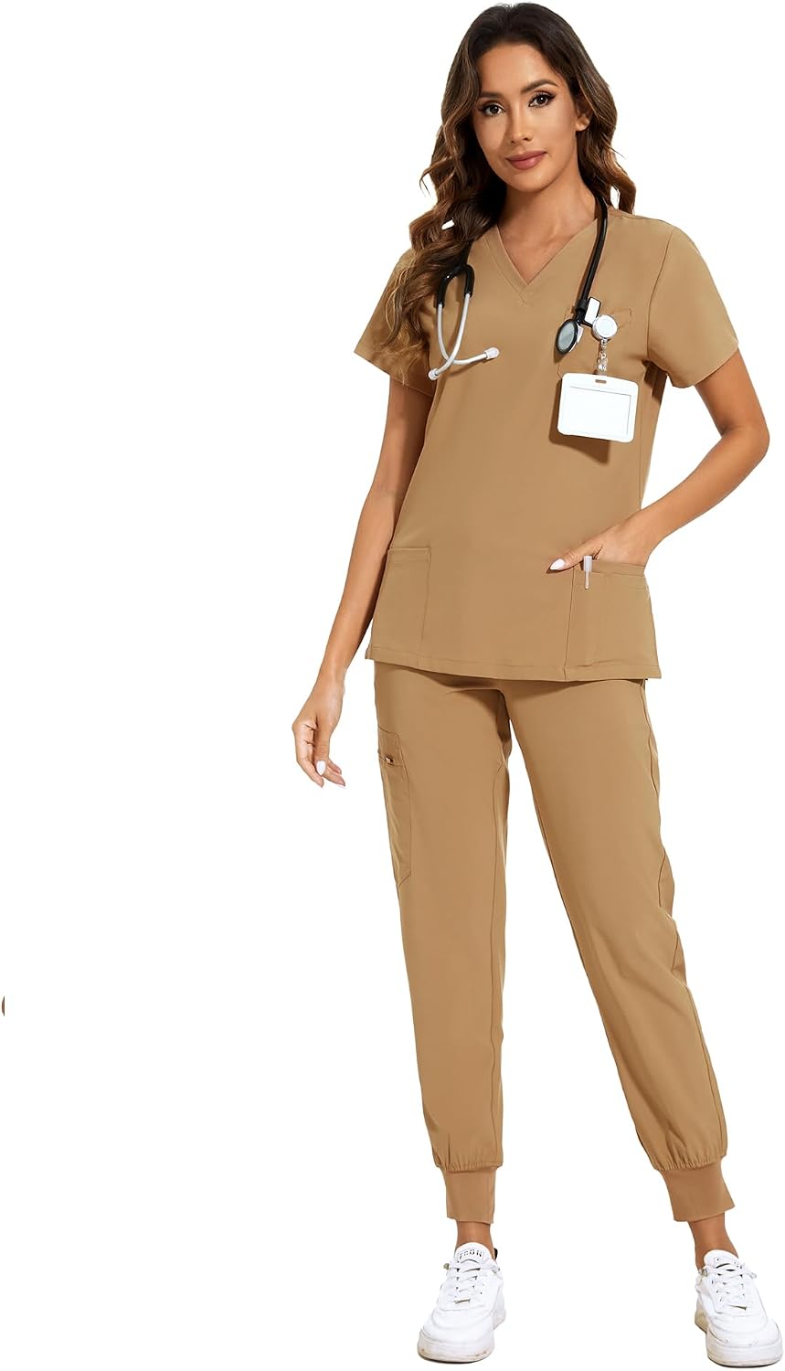 COZYFIT Scrubs for Women – Stretch V-Neck &amp; Jogger Pant Set with 9 Pockets