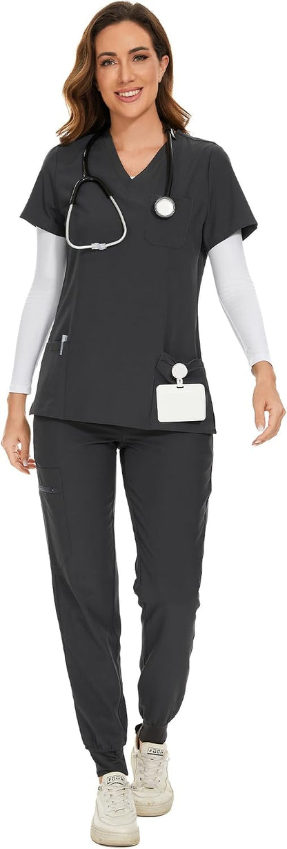 COZYFIT Scrubs for Women – Stretch V-Neck &amp; Jogger Pant Set with 9 Pockets