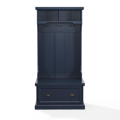 Start2Finish Shoreline Hall Tree with wooden bench, coat hooks, and storage shelf in a modern entryway setting.