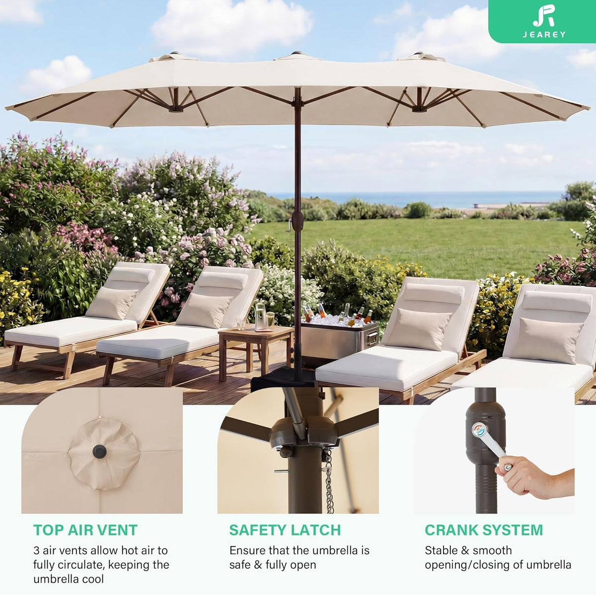Fifteen Foot Beige Patio Umbrella Weather Resistant Base Stand