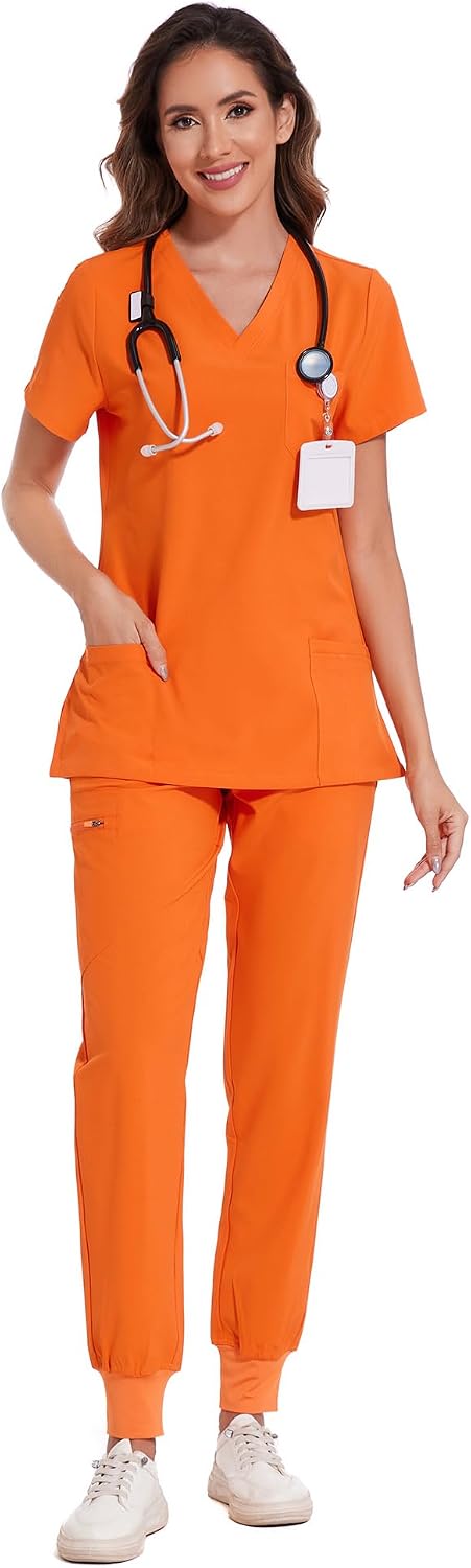 COZYFIT Scrubs for Women – Stretch V-Neck &amp; Jogger Pant Set with 9 Pockets