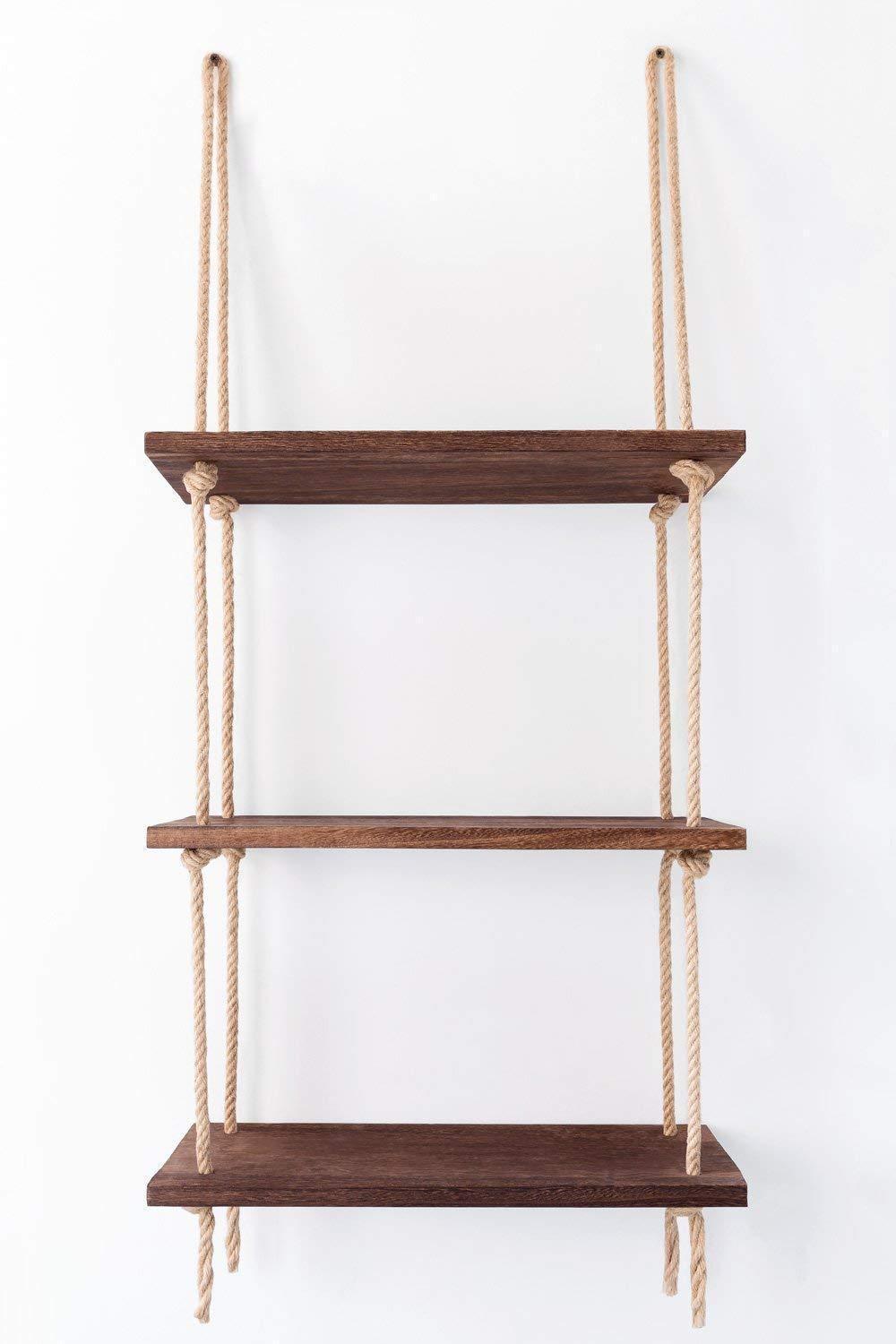 Three-tier wooden hanging shelf with jute rope for wall storage, ideal for home and garden organization by Carmine Athena