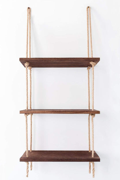 Three-tier wooden hanging shelf with jute rope for wall storage, ideal for home and garden organization by Carmine Athena