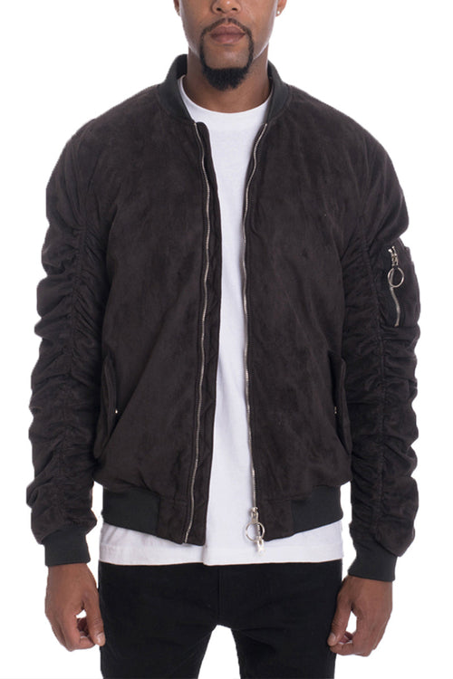 Grey smoke faux suede tagged bomber jacket by Lime Milo, showing front view with collar and zipper details.