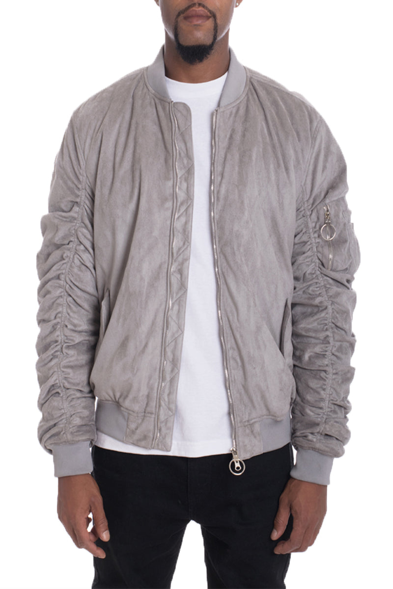 Grey smoke faux suede bomber jacket from Lime Milo, stylish men&