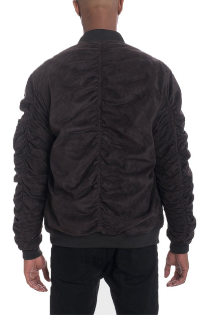 Lime Milo faux suede bomber jacket in black with ribbed cuffs and collar, casual style for jackets and coats collection.