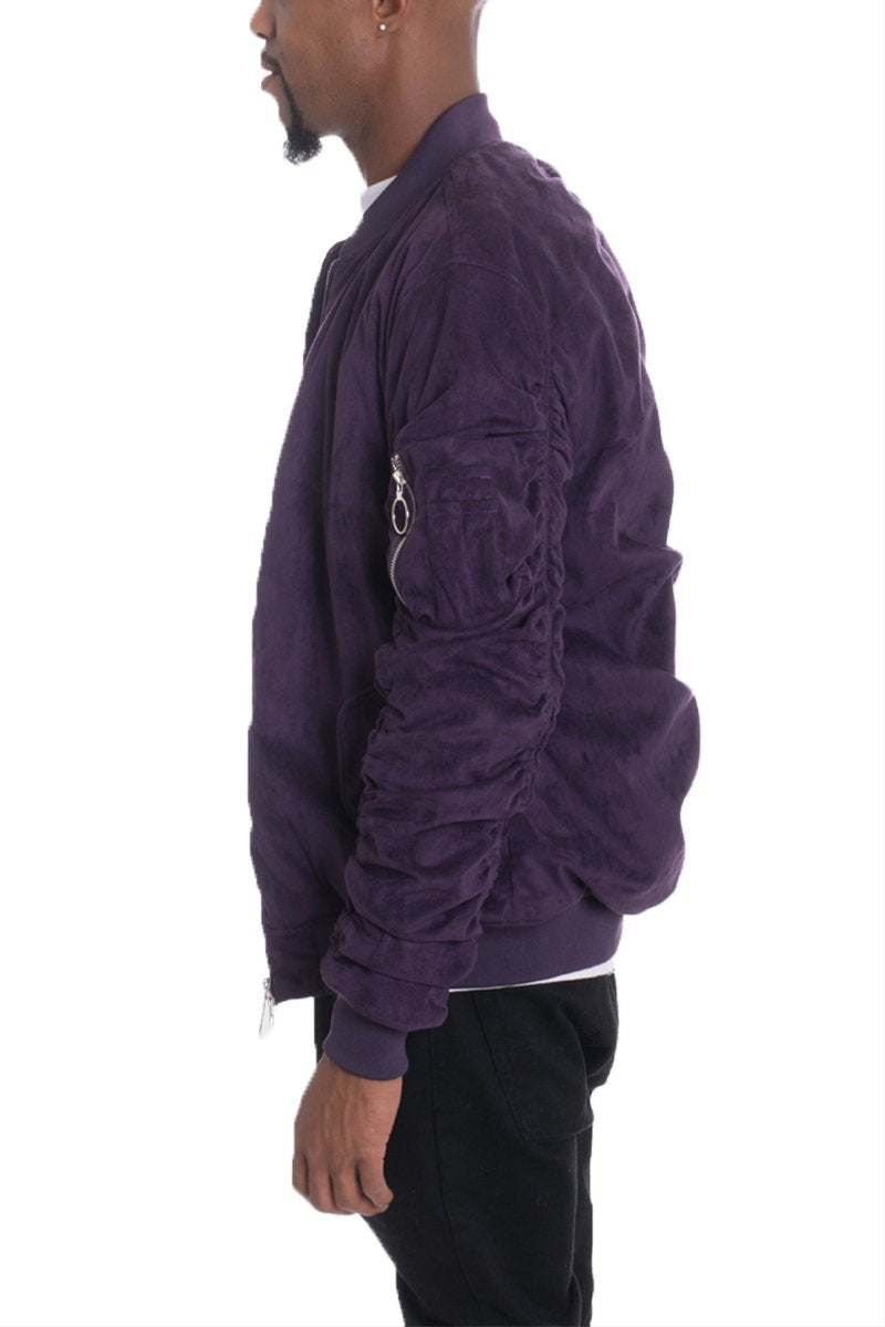 Lime Milo faux suede bomber jacket in plum color, activewear style with a sleek fit and zip front.