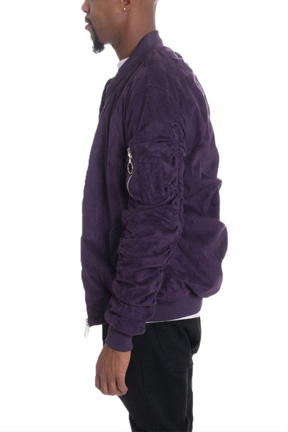 Lime Milo faux suede bomber jacket in plum color, activewear style with a sleek fit and zip front.