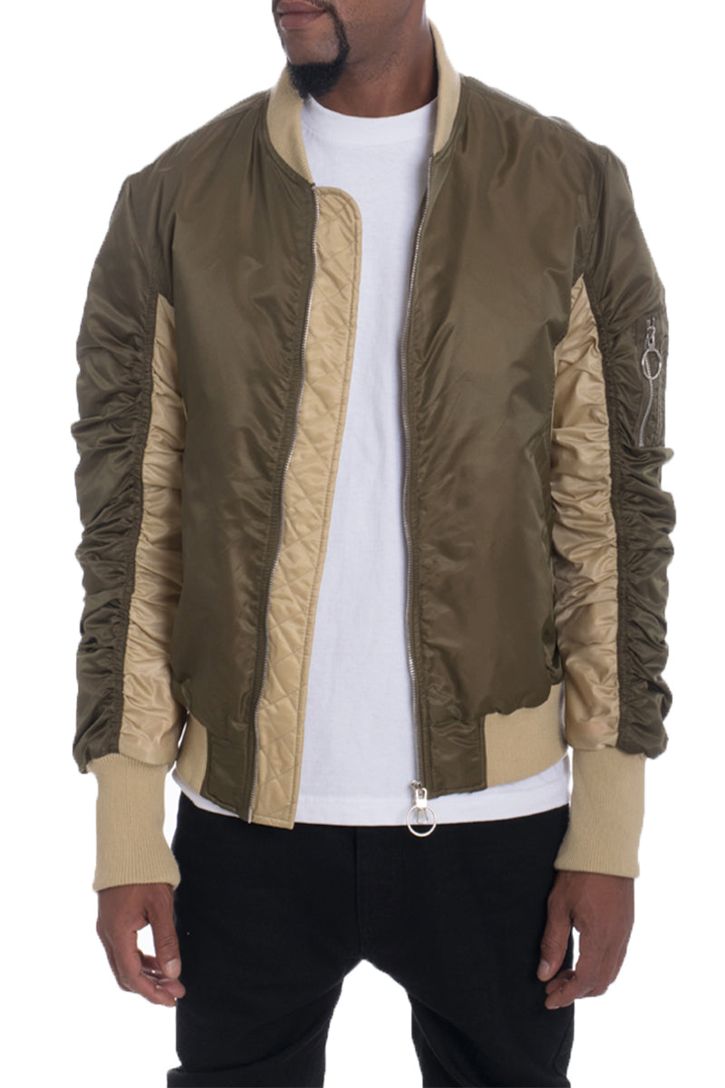 Lime Milo Bolden Two Tone Bomber jacket with black and olive green color blocking, front zipper, and ribbed cuffs.