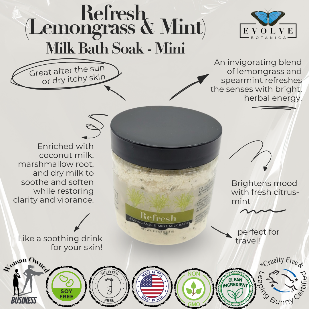 Start2Finish Milk Bath Refresh mini with lemongrass and mint, featuring a white container with a blue lid and fresh ingredients.