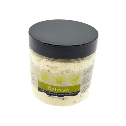 Mini bottle of Start2Finish Milk Bath Refresh with lemongrass and mint, featuring a sleek label and natural ingredients.