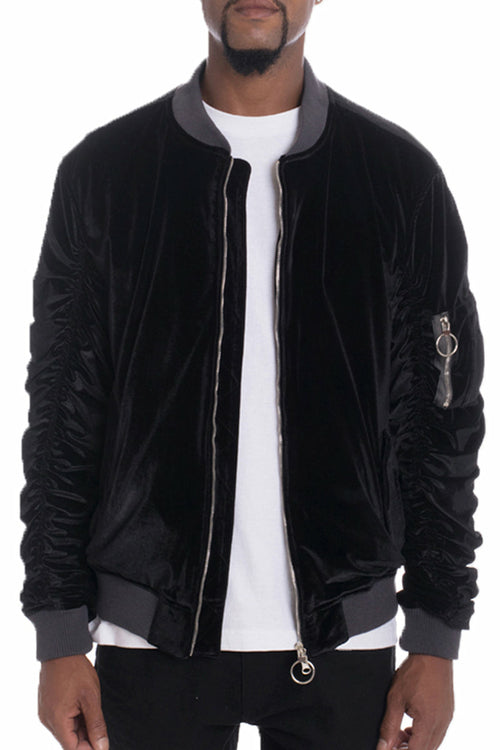 Lime Milo velour cinch sleeve bomber jacket in black, featuring a stylish fit and classic design, displayed on a hanger.