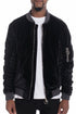Lime Milo velour cinch sleeve bomber jacket in black, featuring a stylish fit and classic design, displayed on a hanger.