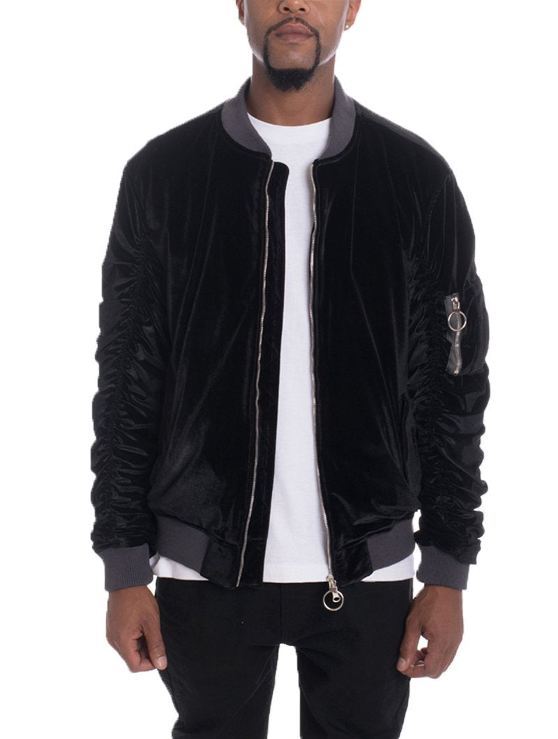 Lime Milo Velour Cinch Sleeve Bomber Jacket in black, featuring a fitted design and stylish cinch details on the sleeves.