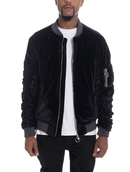 Lime Milo Velour Cinch Sleeve Bomber Jacket in black, featuring a fitted design and stylish cinch details on the sleeves.