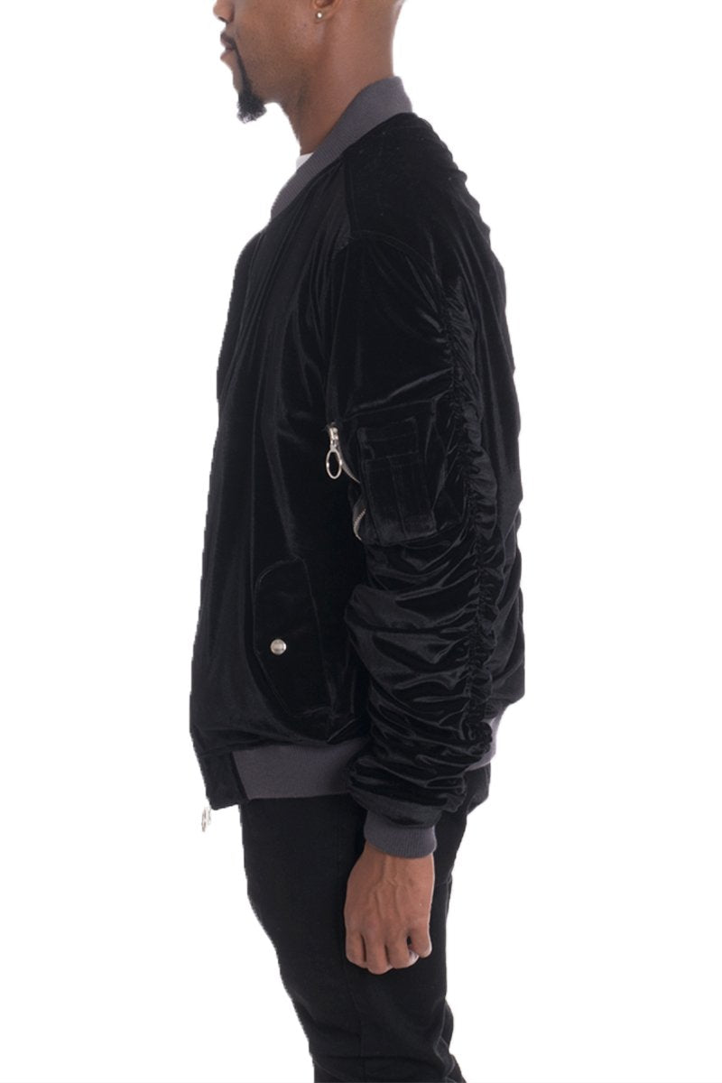 Lime Milo velour cinch sleeve bomber jacket in black with ribbed cuffs and collar, stylish and comfortable for casual wear.
