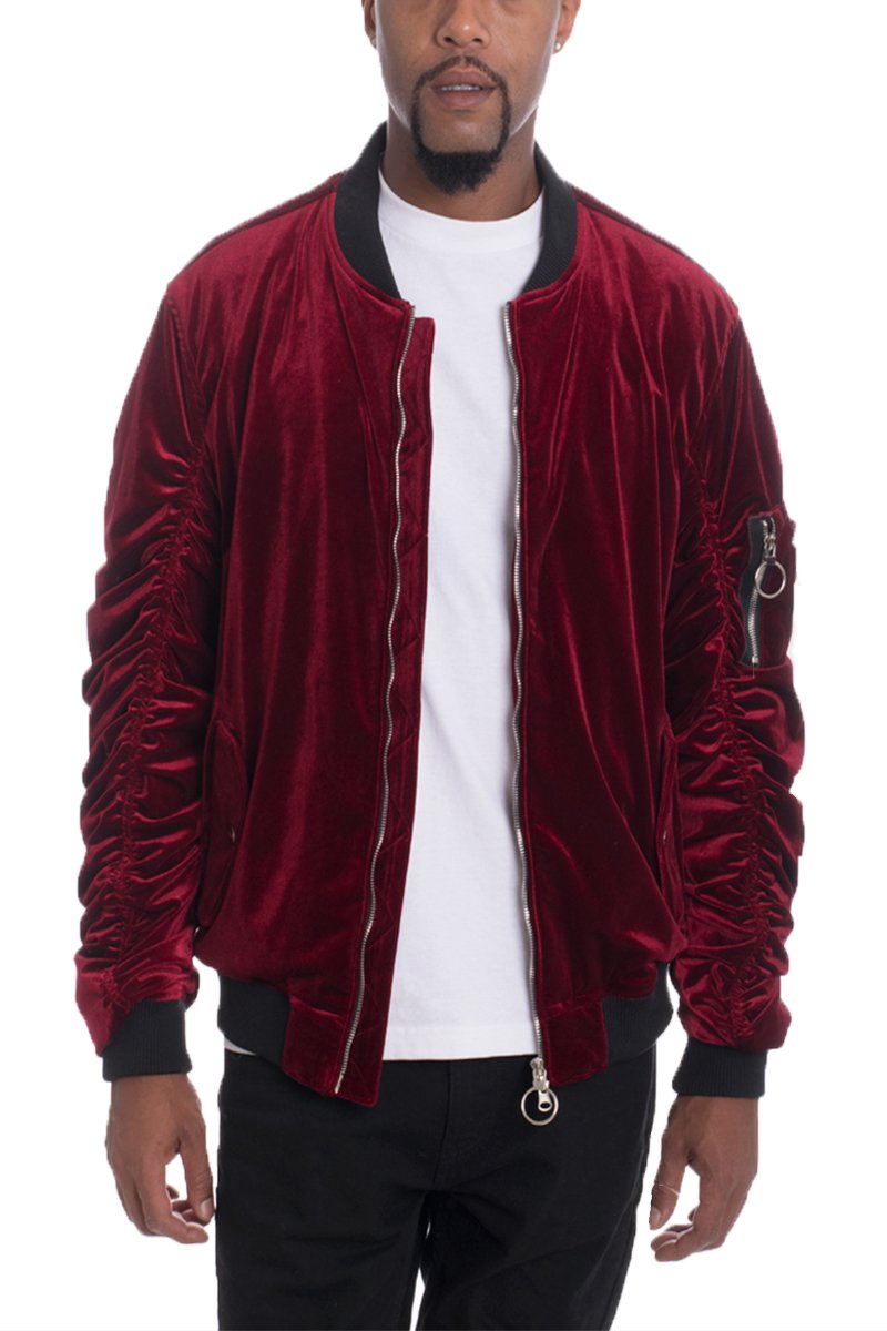 Lime Milo velour cinch sleeve bomber jacket in burgundy with fitted cuffs and front zipper, stylish and cozy for casual wear