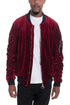 Lime Milo velour cinch sleeve bomber jacket in burgundy with fitted cuffs and front zipper, stylish and cozy for casual wear