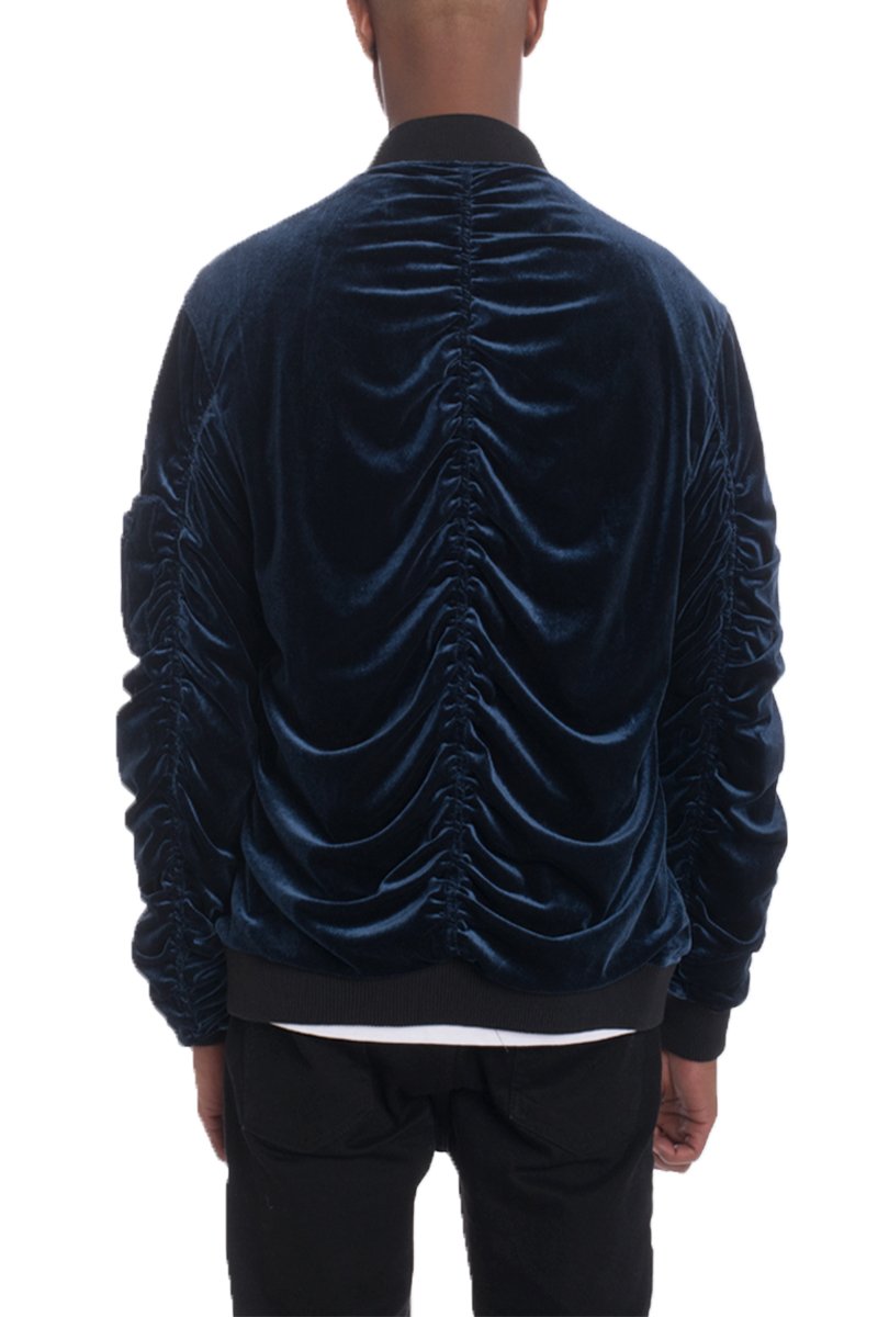 Lime Milo Velour Cinch Sleeve Bomber Jacket with ribbed collar and cuffs, front zipper, and cinched waist detail.