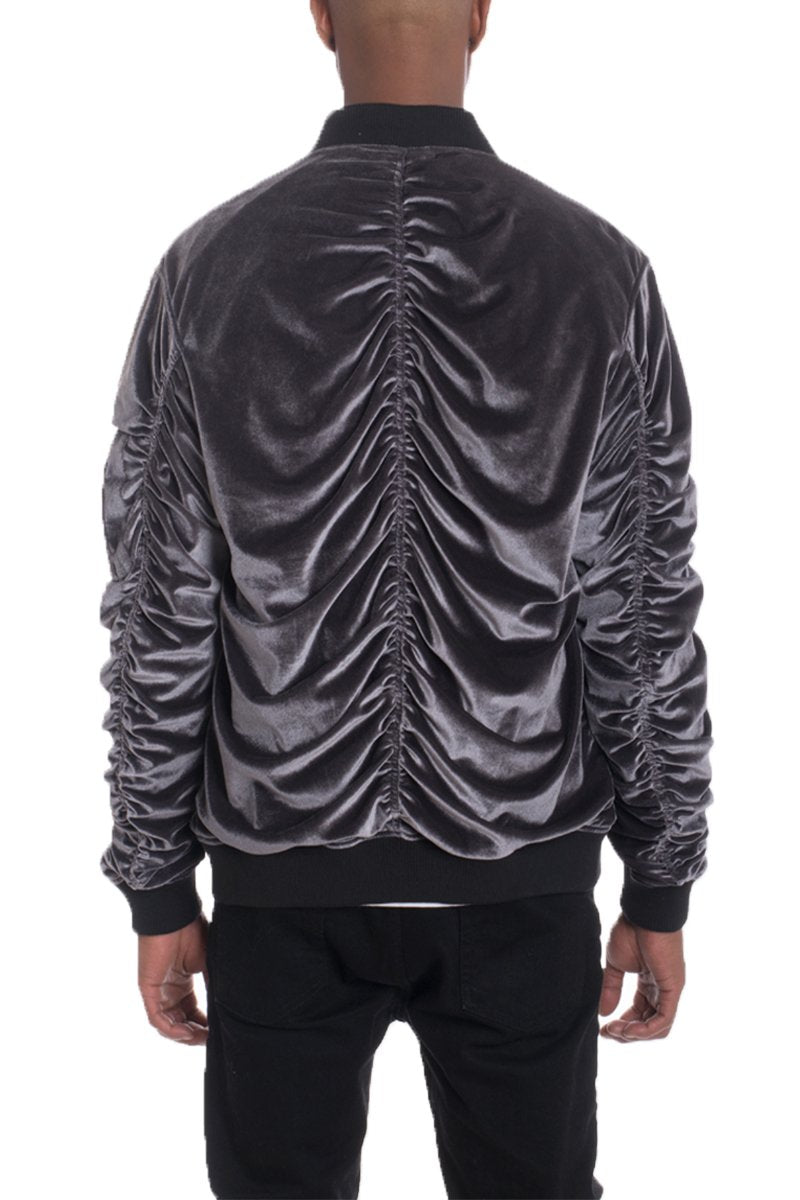 Silver Lime Milo Velour Cinch Sleeve Bomber Jacket with ribbed collar and cuffs, shown from the front.