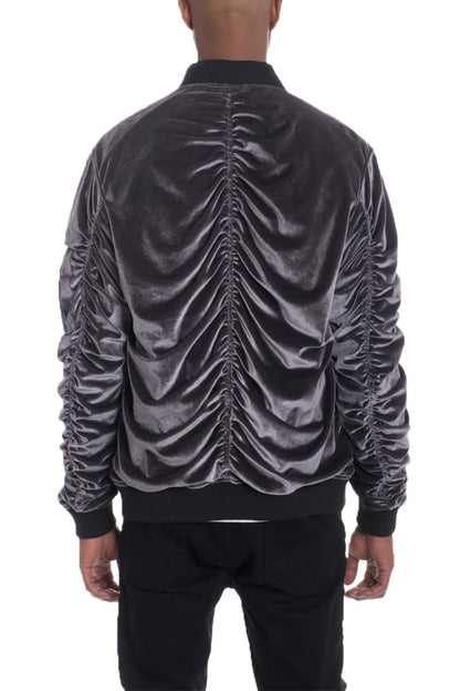 Silver Lime Milo Velour Cinch Sleeve Bomber Jacket with ribbed collar and cuffs, shown from the front.