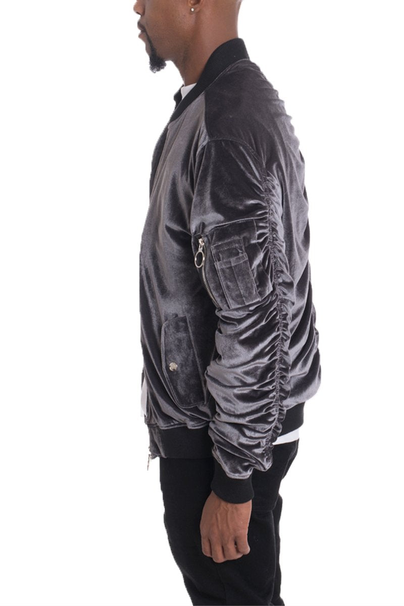 Silver Lime Milo velour cinch sleeve bomber jacket with ribbed cuffs and collar, shown on a mannequin.