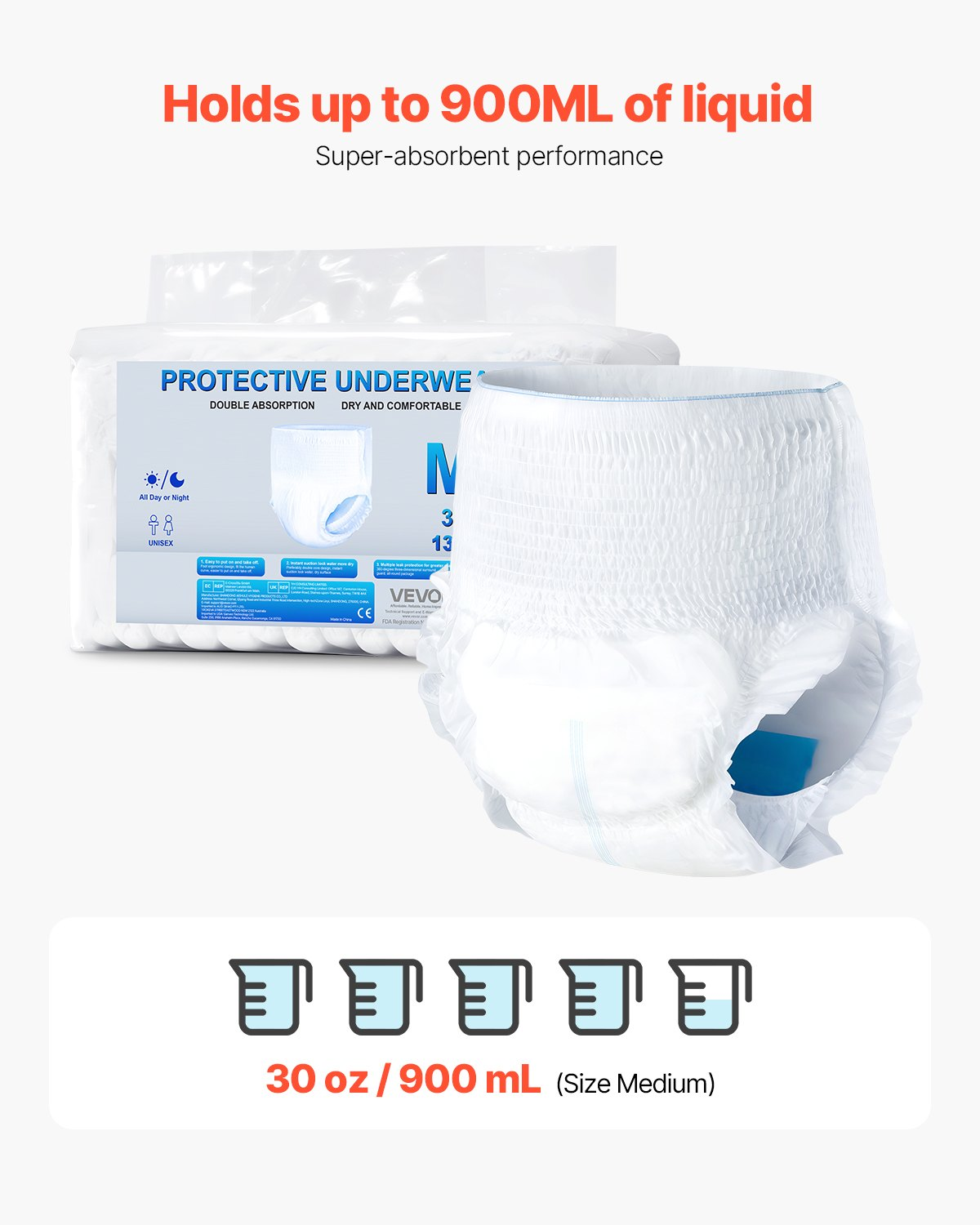 Start2Finish VEVOR adult incontinence underwear, high absorbent disposable pull-ups with leakproof leg cuffs and wetness indicator, M size, 64 count