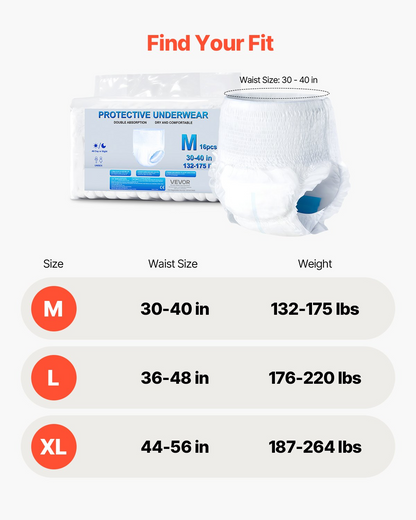 Start2Finish VEVOR adult incontinence underwear, high absorbency disposable pull-ups with leakproof leg cuffs and wetness indicator, size M.