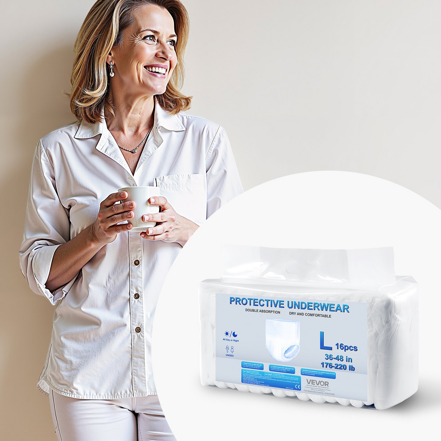 Start2Finish VEVOR adult incontinence underwear in size L, high absorbency disposable pull-ups with leakproof leg cuffs and wetness indicator