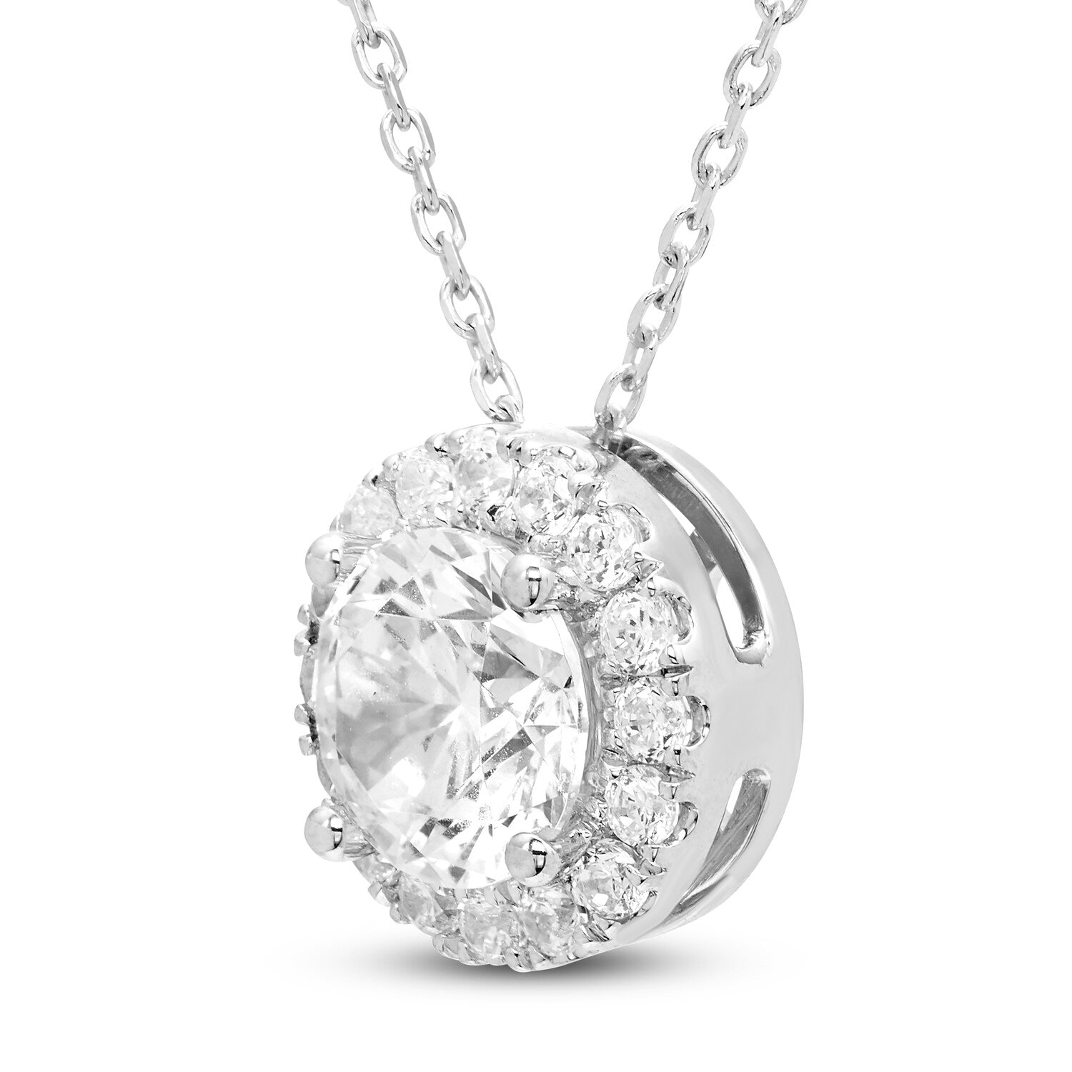 Lab-grown diamond halo pendant necklace with 1.50 CTW AGI certified diamonds in 14kt white gold, featuring a detailed jewelry design.