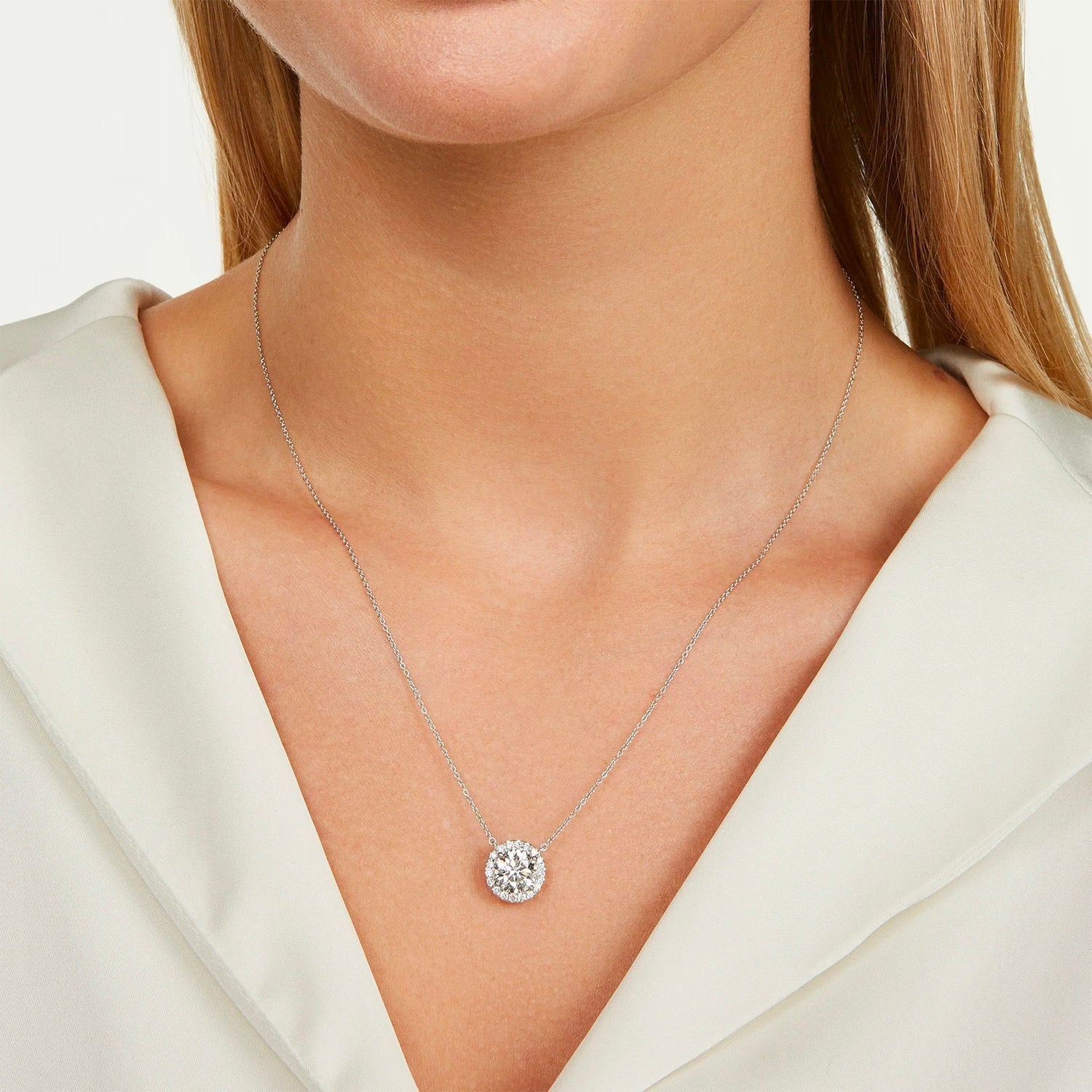 Start2Finish 1.50 CTW lab-grown diamond halo pendant necklace in 14k white gold, featuring a sparkling center stone.