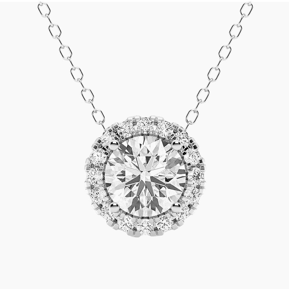 Start2Finish 1.50 CTW AGI Certified Lab-Grown Diamond Halo Pendant Necklace in 14kt white gold, featuring a central diamond surrounded by a halo.