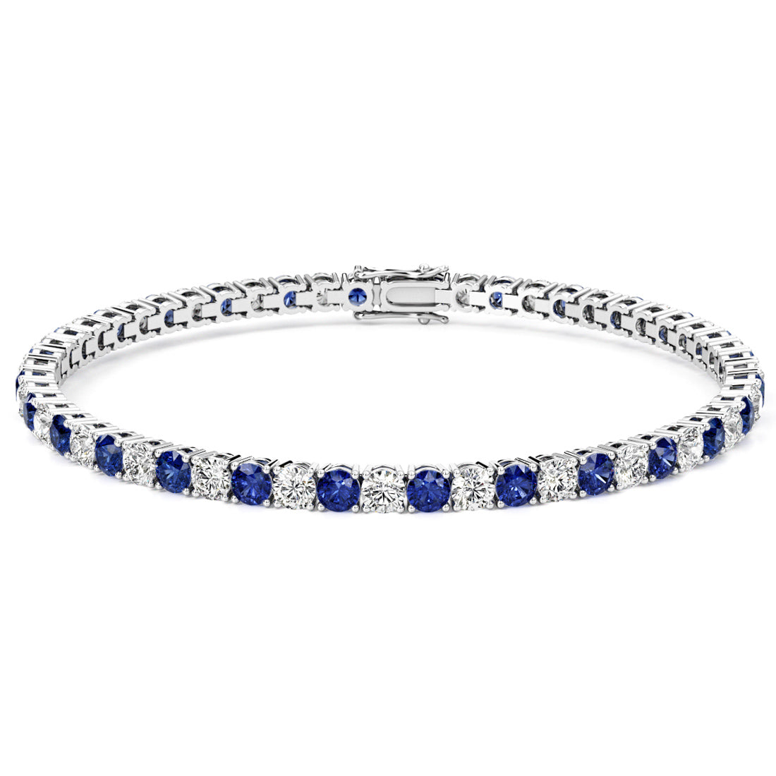 Start2Finish 7.50 CTW lab-created blue sapphire and diamond tennis bracelet in 14K white gold overlay, featuring sparkling gemstones.