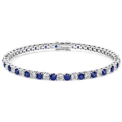 Start2Finish 7.50 CTW lab-created blue sapphire and diamond tennis bracelet in 14K white gold overlay, featuring sparkling gemstones.