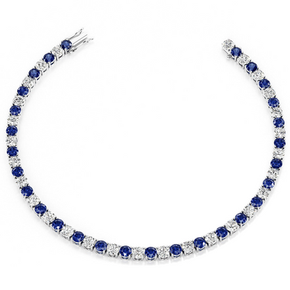 Start2Finish 7.50 CTW blue sapphire and diamond tennis bracelet in 14K white gold overlay, featuring lab-created gemstones.