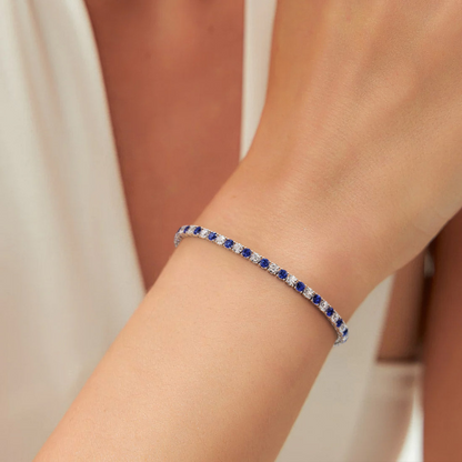 Start2Finish 7.50 CTW lab-created blue sapphire and diamond tennis bracelet in 14K white gold overlay, featuring sparkling gemstones.