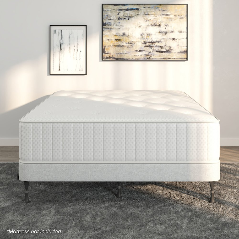Start2Finish bed frame with glides in twin, full, queen, California king, and eastern king sizes, showing the sturdy wooden structure.