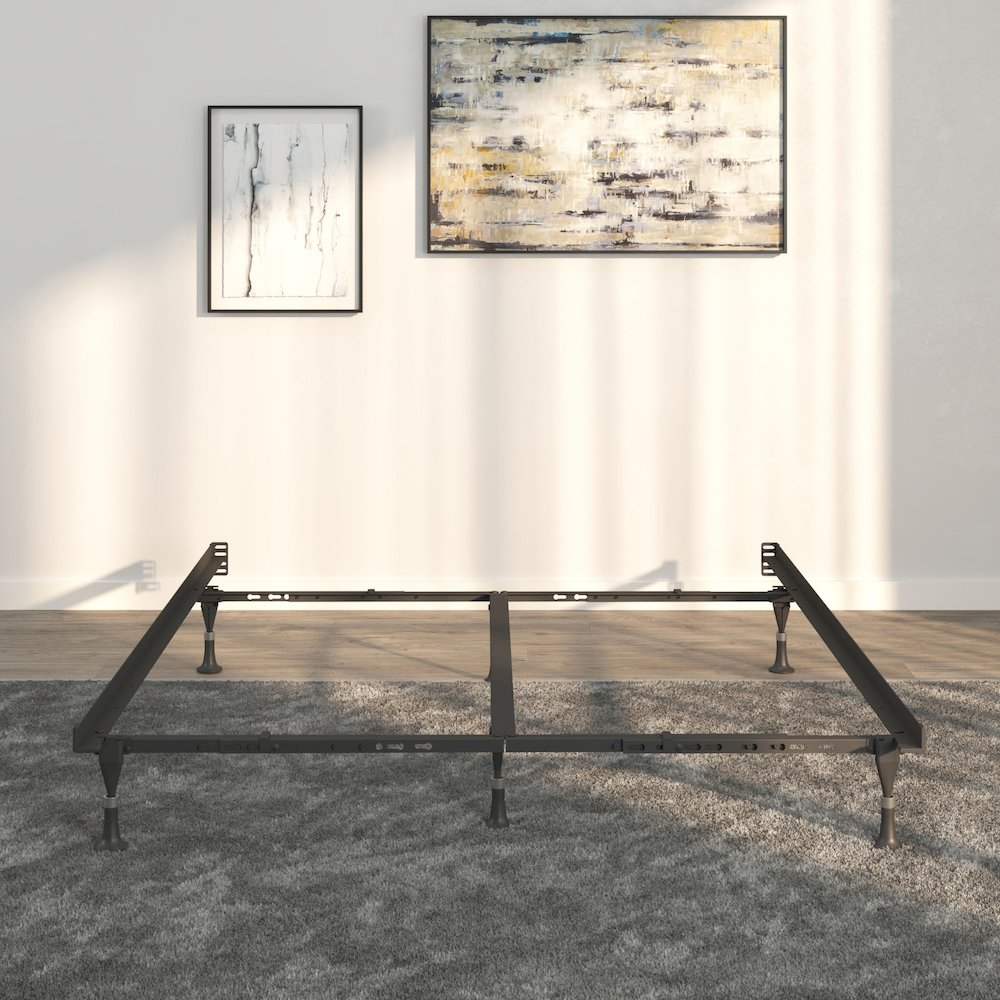 Start2Finish bed frame with glides in twin, full, queen, eastern king, and california king sizes, showcasing sleek wooden design