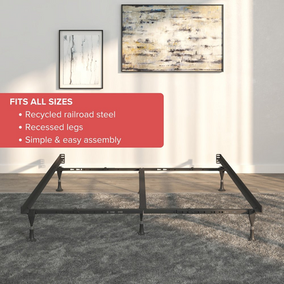 Start2Finish bed frame with glides, available in twin, full, queen, California king, and eastern king sizes, shown with a mattress.
