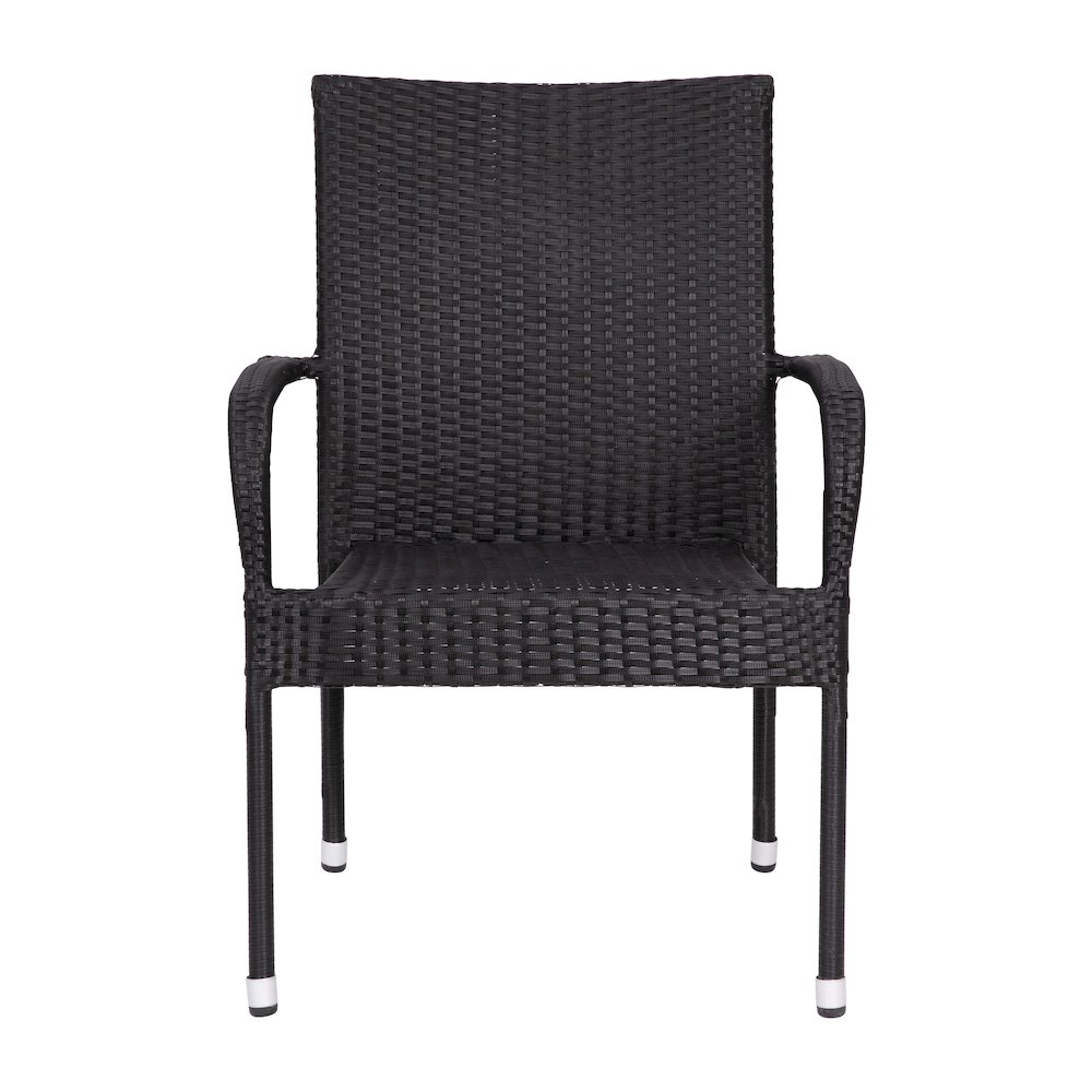 Pair of black stackable wicker dining chairs with arms, weather-resistant steel frames, suitable for indoor and outdoor use.