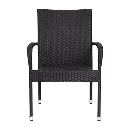 Pair of black stackable wicker dining chairs with arms, weather-resistant steel frames, suitable for indoor and outdoor use.