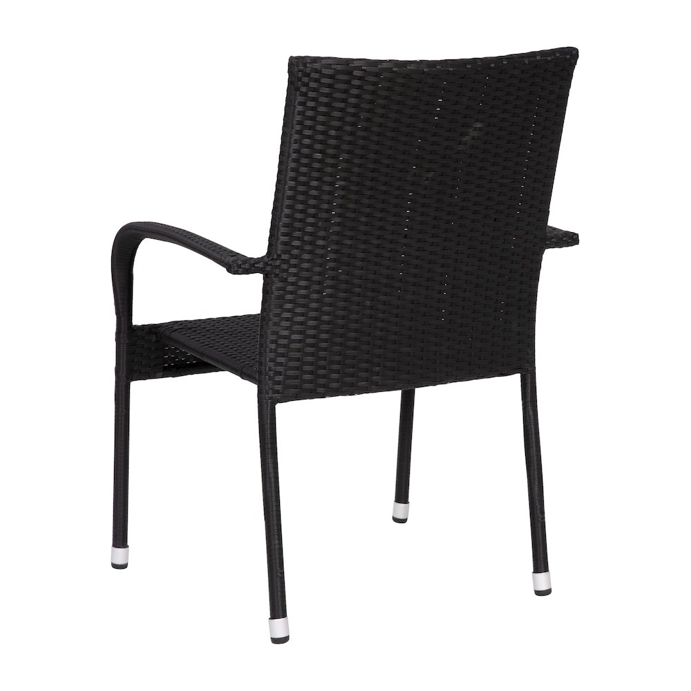 Set of 2 black wicker dining chairs with arms, weather-resistant steel frames, stackable for indoor or outdoor use.