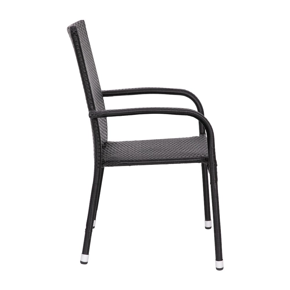 Pair of black stackable wicker dining chairs with arms, weather-resistant steel frames, suitable for indoor or outdoor use.