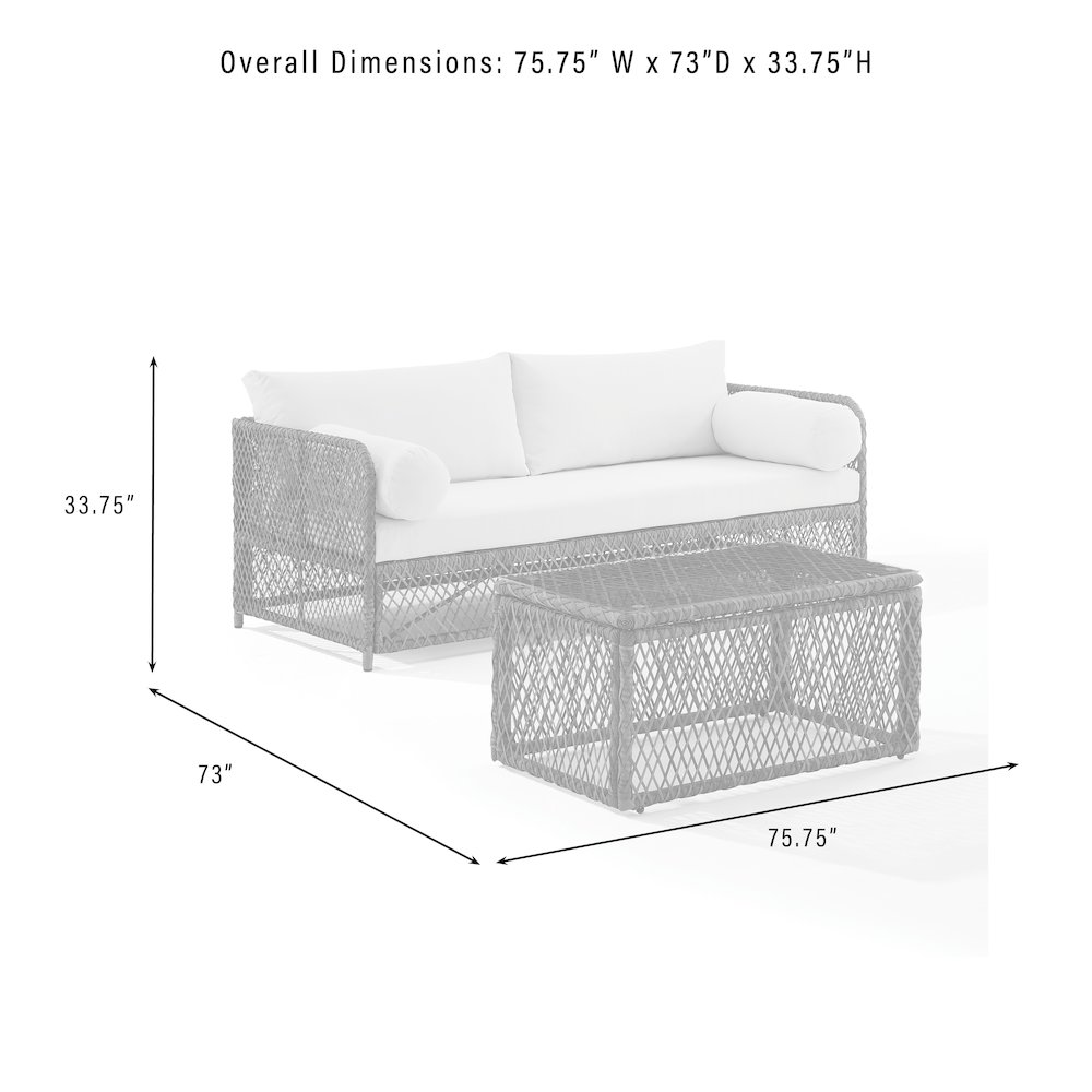 Granite Bay 2-piece wicker outdoor sofa and coffee table set by Start2Finish, featuring cushioned wicker seating and a matching coffee table.