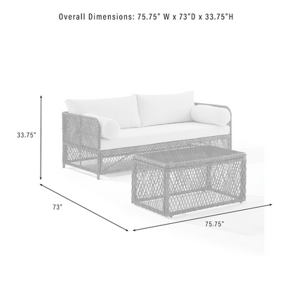 Granite Bay 2-piece wicker outdoor sofa and coffee table set by Start2Finish, featuring cushioned wicker seating and a matching coffee table.